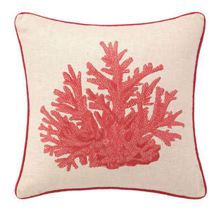 Red Coral Embroidered Pillow - By the Sea Beach Decor