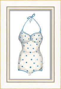 Classic Swimsuit Blue Polka Dot Framed Art - By the Sea Beach Decor