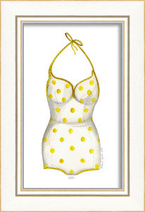 Classic Swimsuit Yellow Polka Dot Framed Art - By the Sea Beach Decor