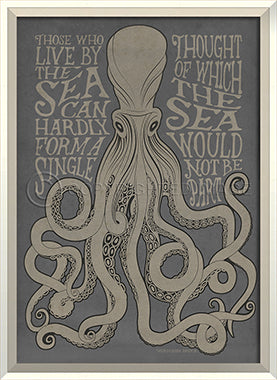 Coastal Poster Octopus Gray Framed Art - By the Sea Beach Decor