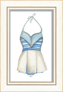 Classic Swimsuit Blue Stripes Framed Art - By the Sea Beach Decor