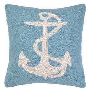 White Anchor on Blue Hook Pillow - By the Sea Beach Decor